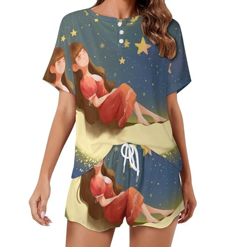 Pyjama court femme sur La Lune en coton léger pour des nuits d'été douces et fraîches