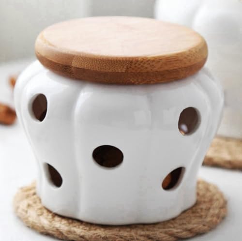 Garlic Keeper, Bekmore Ceramic Garlic Storage Container Vented White Stoneware with Bamboo Lid