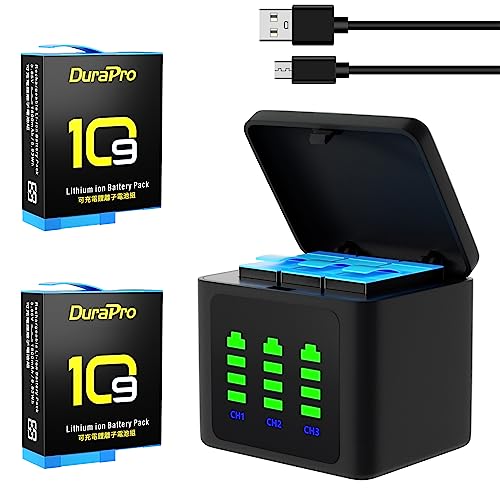 DuraPro 2X Hero 12 11 10 9 Battery + LED 3-Channel USB Storage Quick Charger with Type C Port for Gopro Hero 12 10 /Hero 9 Hero 11 Black Cameras