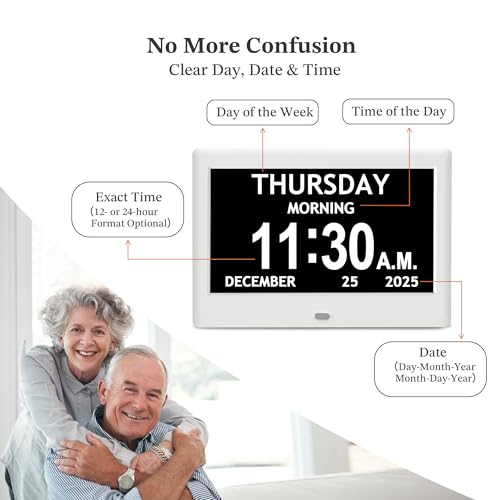 Image of 7'' Dementia Clock For Seniors, Large Display Digital Clock With Date, Time, Day Of Week for Elderly, Alzheimer, 1024*600P HD, 10 Reminders & 8 Alarms, Auto Dimming & DST, Remote Control, White