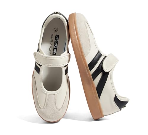 LUCKY STEP Womens Classic Retro Fashion Sneakers Gum Thin Sole Casual Tennis Slip on Flat Loafers Skate Walking Shoes Hook and Loop Footwear(Beige/Black 8.5)