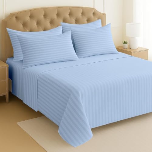 Image of Single Size Bedsheets for Single Bed 600 TC - Cotton Elastic Fitted Sheet (30 x 72 Inches) with 8 Inch Drop- Color Light Blue Stripe [ Fitted Sheet with 2 Pillow Cover]