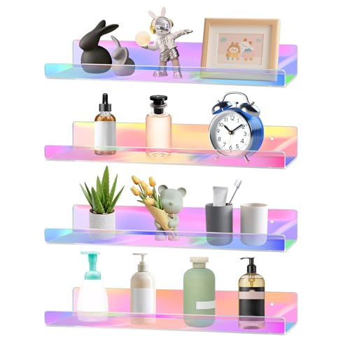 Dezzer 4 Pack Acrylic Shelves for Wall, 15" Acrylic Floating Shelves for Bathroom Bedroom, Invisible Bookshelf Wall Ledge Storage Shelf Books Perfume Toys Action Figure Display Shelves, Iridescent