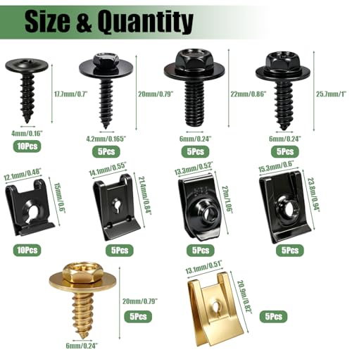 Image of 60Pcs U-Nut Clips and Body Bolts Screws Assortment Kit, 10 Sizes Auto Car U Clips Fender Liner Screw for Most Cars Bumper Engine Splash Shield