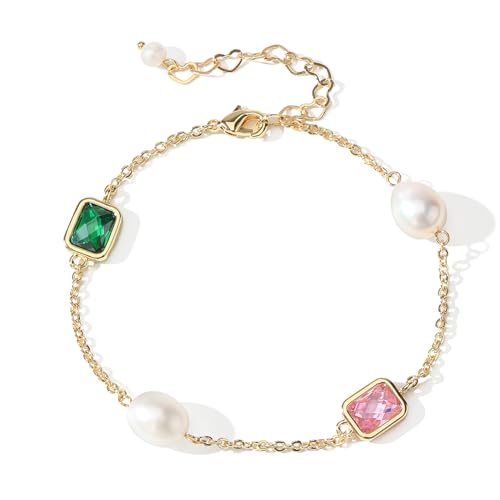 XYJZXY Gold Pearl Bracelet for Women 18K Gold Plated Pearl Link Bracelet Adjustable Cubic Zirconia Bracelets
