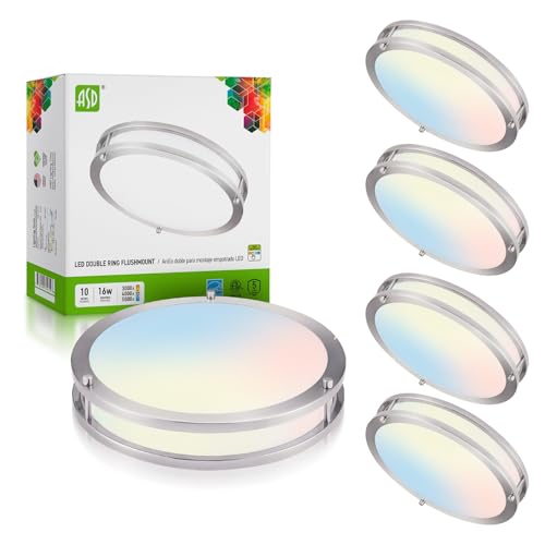 ASD LED 10" Round Flush Mount Lighting, Close to Ceiling Light Fixture | 3CCT, Dimmable, Energy Star, ETL Listed | 16W 1041LM 3000K-5000K 120V | Low Profile Double Ring Lamp | Nickel, 4 Pack