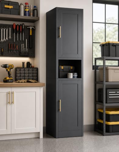 Image of Tall Narrow Pantry Cabinet for Kitchen, 67 inch H Metal Storage Cabinets with Doors and 3 Adjustable Shelves for Dining Room, Living Room and Home Office (16 inches Wide Black)