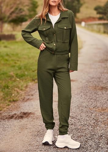 Image of PRETTYGARDEN Womens Two Piece Sets Fall 2026 Long Sleeve Button Down Shacket Jacket Long Sweatpants Tracksuit Winter Clothes
