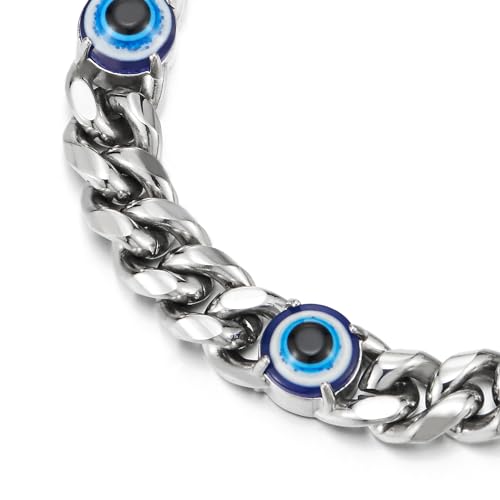 COOLSTEELANDBEYOND Classic Stainless Steel Curb Chain Bracelet with Evil Eye Charms, for Men, Silver Color3