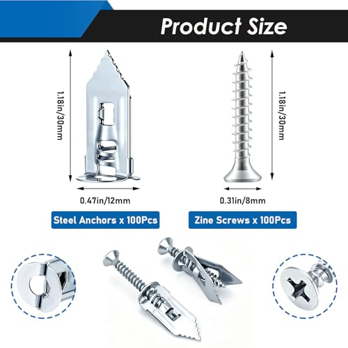 Image of 200Pcs Self Drilling Drywall Anchors with Screws Kit, Metal Self Drilling Anchor Screws, Silver Drywall Grip Anchors and Screws for Sheetrock, Hollow Wall, Picture Frames, Wall Decor