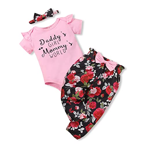 Image of Kislio Newborn Baby Girls Floral Outfit Daddy's GIRL Mommy's WORLD Romper Top Sunflower Pants Headband Clothes Set