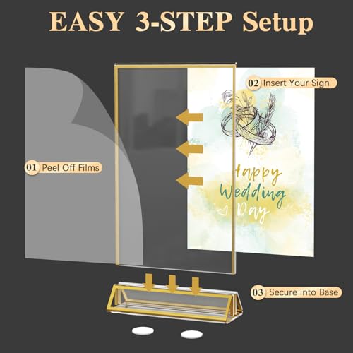 Image of Dynta Acrylic Sign Holder 5x7in Double-Sided Display Stand with Gold Frame Clear Table Sign Holders for Wedding Party Restaurants Home Office(8 Pack)