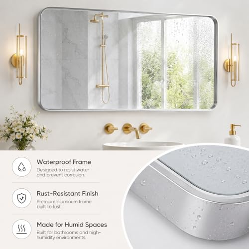 Image of 30 inchx40 inch Rounded Corners Silver Bathroom Mirror - Metal Framed with HD Shatter-Proof Glass, Wall-Mounted for Over Sink, Entryway, Living Room, Bedroom