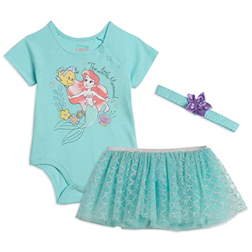 Image of Disney Minnie Mouse Little Mermaid Cinderella Baby Girls Bodysuit Mesh Tutu and Headband 3 Piece Outfit Set Newborn to Infant