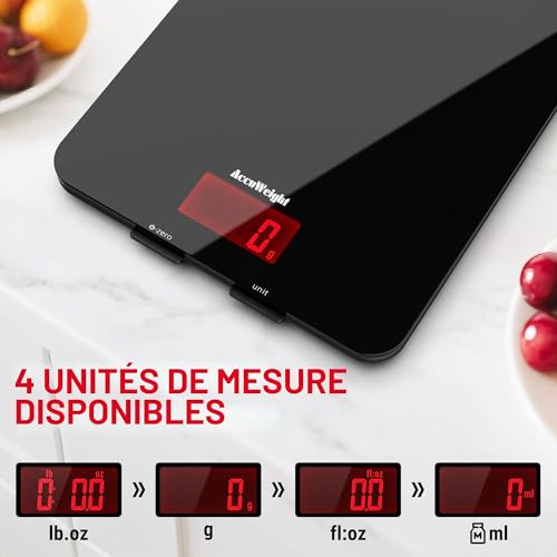 ACCUWEIGHT 201 Balance de cuisine numérique avec plate-forme en verre trempé Balance électronique pour aliments avec écran LCD, rétroéclairé pour bureau, pâtisserie, cuisine, 5 kg/11 lb – vue 4