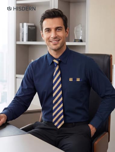 Image of HISDERN Mens Dress Shirt with Tie Pocket Square Set Classic Button Down Shirt Matching Tie Long Sleeve Shirts