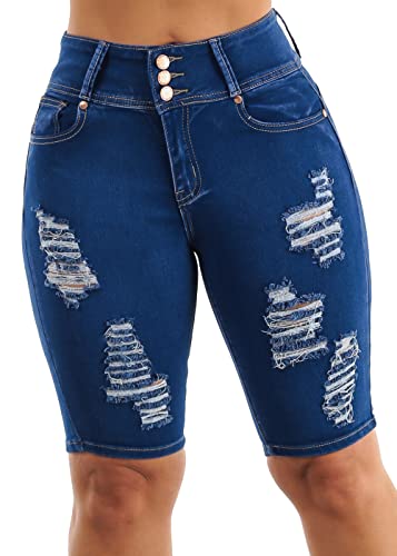 Moda Xpress Womens Juniors Butt Lift Ripped High Rise Blue Bermuda Shorts Size 13 11107H #TOP2