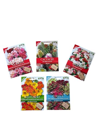 FIORAL-OFFERTA 5 BUSTE Di Semi Da Piantare-Godezia, Cactacee, Begonia, Nasturzio, Coleus. Sementi Selezionate e di Alta Qualità. L'Ortolano Fioral.