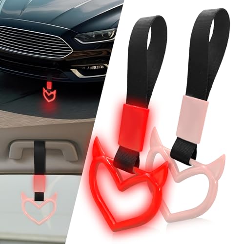 Image of 2 Pcs Devil Heart Shaped Car Handle Strap - JD M Drift Charm Rear Bumper Warning Ring Decor for Car Interior Exterior, Subway Bus Handle Accessory, Cute Heart Car Decor Gift (Luminous Red)