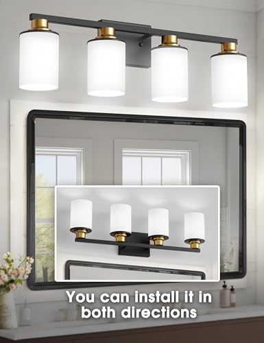 Image of DORESshop 4-Light Black and Gold Bathroom Light Fixtures Over Mirror with Milk Glass Shade, Modern Vanity Lights, ETL Listed