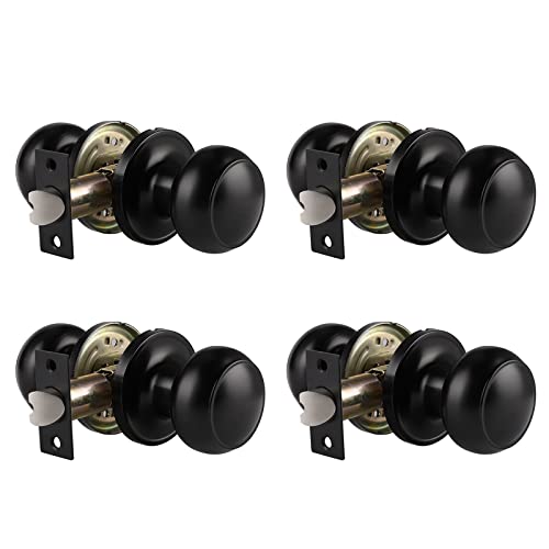 Probrico Door Knob Interior Matte Black Finish, 4 Pack Keyless Passage Door Handles, Flat Ball Knob with Solid Adjustable 60-70mm Latch