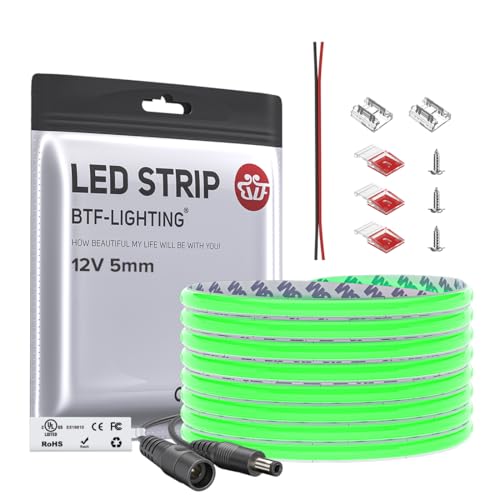 Image of BTF-LIGHTING FCOB COB LED Strip Green Color 5mm Width UL Listed Super Narrow Flexible Uniform Light DC12V 16.4FT CRI 90+ Dimmable LED Ribbon for Bedroom Home Indoor Decor(No Adapter or Controller)