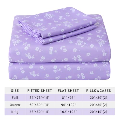 Image of Viviland Full Sheet Set - 4 Piece Cute Purple and White Flower Patterned Bed Sheets - Soft, Breathable Microfiber Sheets with Deep Pocket, Non-Slip Fitted Sheets & Pillowcases