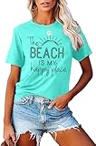 Beach Shirt Women The Beach is My Happy Place T Shirt Short Sleeve Casual Summer Vacation Tees Top Bright Blue