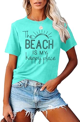 Beach Shirt Women The Beach is My Happy Place T Shirt Short Sleeve Casual Summer Vacation Tees Top