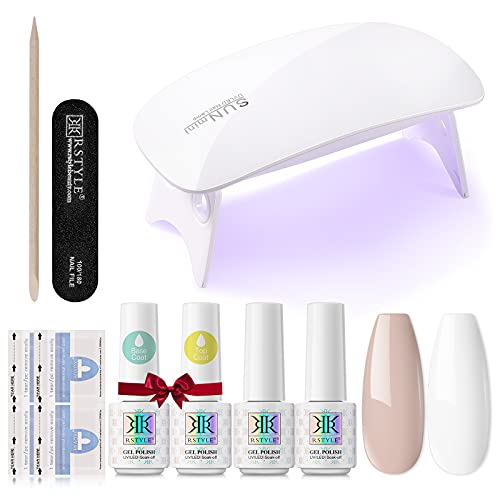 RSTYLE Gel Nail Polish Kit with U V Light, 2 Colors Popular White Nude Pink Neutral Brown Gel Nail Polish Kit Soak Off LED Lamp with Base and Top Coat for Starter DIY Home Salon 5ML Bottle
