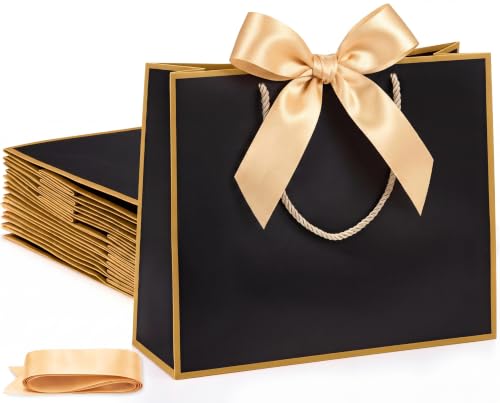 Silkfly 24 Pcs Paper Gift Bags with Handles&Bow Ribbon, Black, Gold