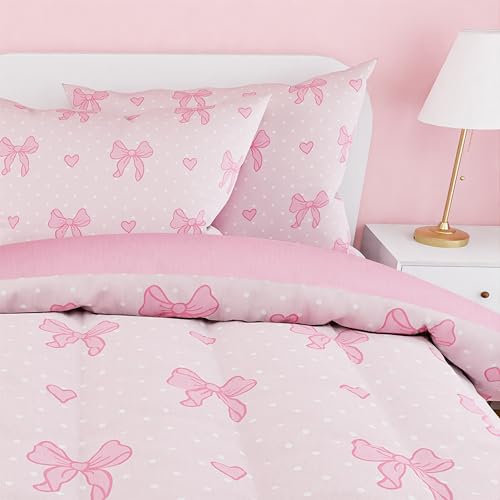Image of SANDJEST Bow Comforter Set Full Size 98x86in for Kids Girls, Microfiber 4 Pcs Bedding Set Includes 1 Comforter, 2 Pillowcases, 1 Fitted Sheet, Nursery Room Decor