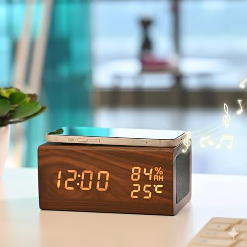 Image of Niyam Multifunctional Luxury Business Gift Wooden Digital Alarm Clock with Wireless Charging, Bluetooth Speaker, Temperature, Humidity (Wooden Bluetooth)
