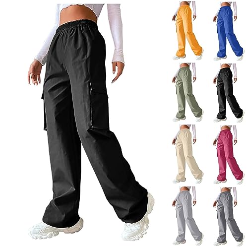 eoeioa Womens Elastic High Waist Cargo Pants Leightweight Baggy