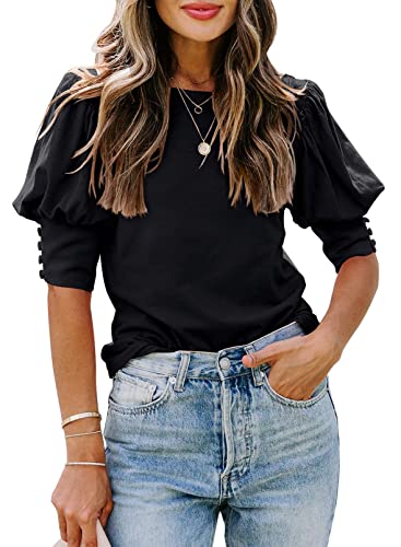 Summer Tops for Women Puff Sleeve with Button Cuffs Loose Casual Dressy Shirts (Black S)