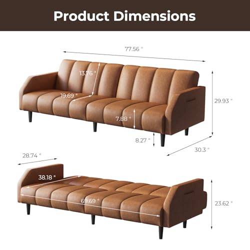Fadware 78\'\' Futon Sofa Bed Couch, 2 Seater Faux Leather Futon Sleeper Couches with Adjustable Sofa Backrest, Convertible Loveseat Sofa Bed for Living Room, Bedroom, Office, Loft, Orange