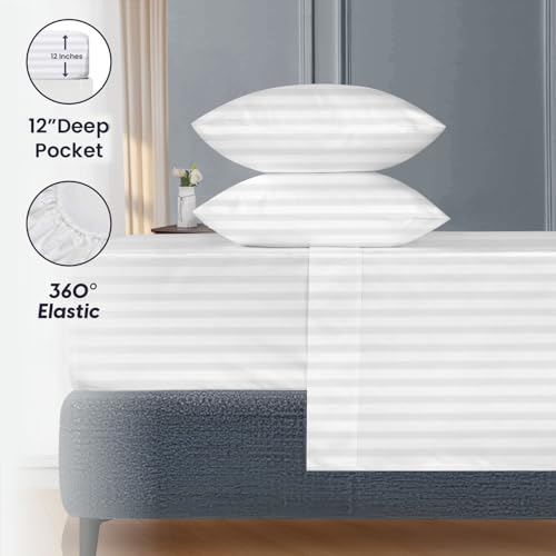 Image of SGI 108 inchx80 inch 4 Pc Florida King Sheet Set 600 TC 18 inch Deep, White Stripe
