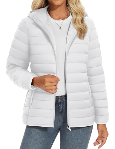 YUCOLEN Women's Puffer Jacket with Hood Lightweight Quilted Padded 4 Pockets Zip-up Coat Winter Jackets for Women PureWhite X-Large