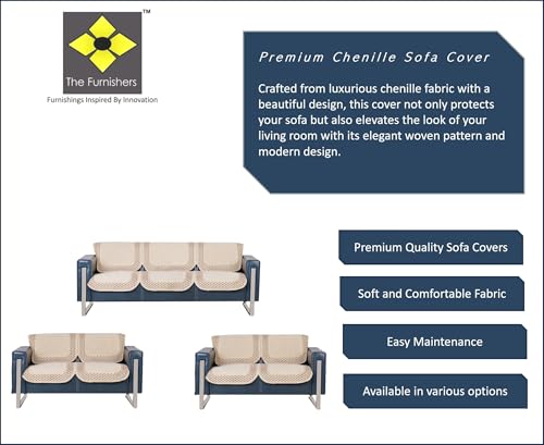 Image of Premium Chenille Woven Anti-Slip 7 Seater Sofa Cover | L-Shape Sofa Seat Protector for Living Room | Durable & Stylish Slipcover - Beige 3D