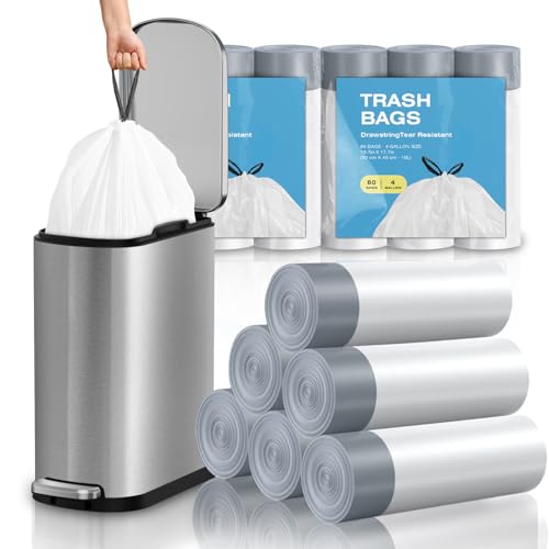 KSSKSS 2.6 Gallon Mini Drawstring Trash Bags, Small Garbage Bags by KSSKSS, Code a fit 10-15 Liter, 2.6-4 Gal, White Trash Bin Liners for Home Office Kitchen Bathroom Bedroom, 120 Counts