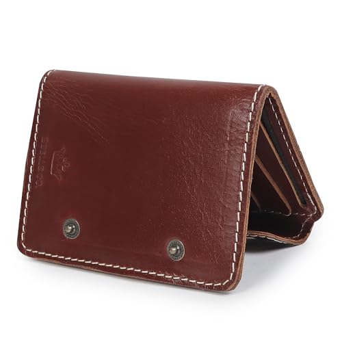 Image of Handmade Raw Leather Wallet for Men and Women | Snap Button Closure | Bifold with Card Slots and Cash Pocket | Slim Genuine Cognac Crunch Leather | Travel Office Carry | Reddish Brown