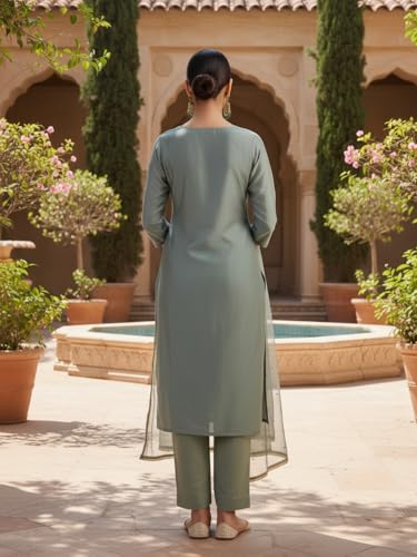 Image of Avanshee Women's Chanderi Cotton Silk with Zari Embroidery Kurta & Silk Crepe Pant Set And Net Dupatta Ethnic Wear Salwar Suit Set (ES 7539)