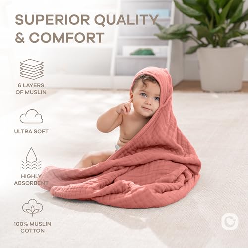 Image of Comfy Cubs Hooded Baby Towel 2-Pack, Large 32 x 32 Inch - 6 Layer 100% Muslin Cotton for Babies, Toddlers and Kids - Soft & Absorbent Baby Bath Towels - Unisex Design for Bath Time - Dusty Rose