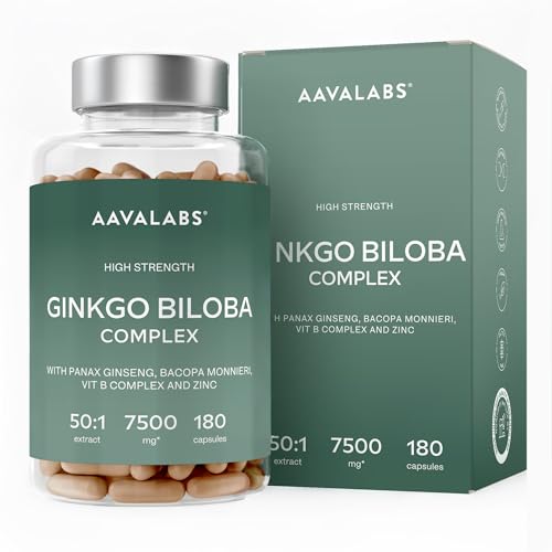 Ginkgo Biloba 7500mg (50:1) + Bacopa Monnieri, Ginseng, Vitamina B y Zinc- Gingko Biloba pastillas para la memoria -180 Ginko Biloba Capsulas -Nootropicos Memoria y Concentracion-Flavonoides de Ginkgo
