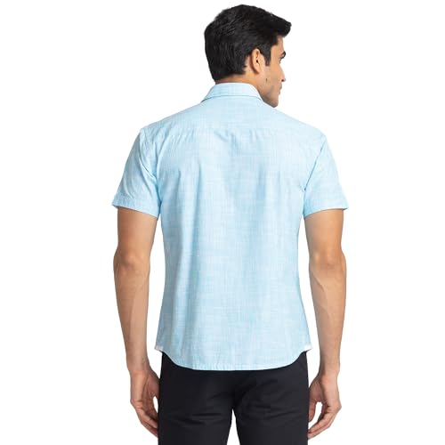 Image of Park Avenue Men's Pure Cotton Chambray Pattern Slim Fit Ainsley Collar Half Sleeve Casual Shirt