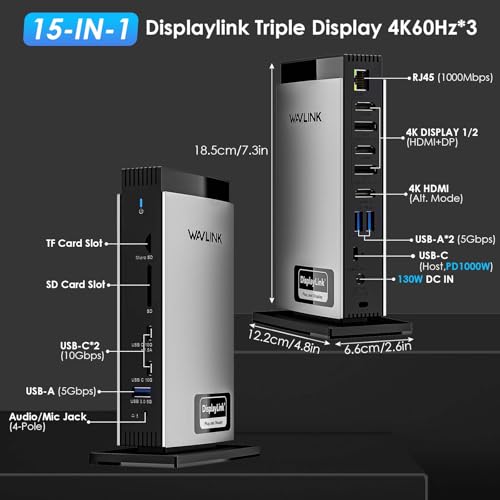 WAVLINK USB C DisplayLink Docking Station 15 in 1 with 3 HDMI,Laptop Docking Station Triple Monitor 4K60Hz,100W Charging for M1 M2 M3 Mac and Windows,5 USB Ports, 2DP,Ethernet Port, Audio/Mic, SD/TF - Image 3