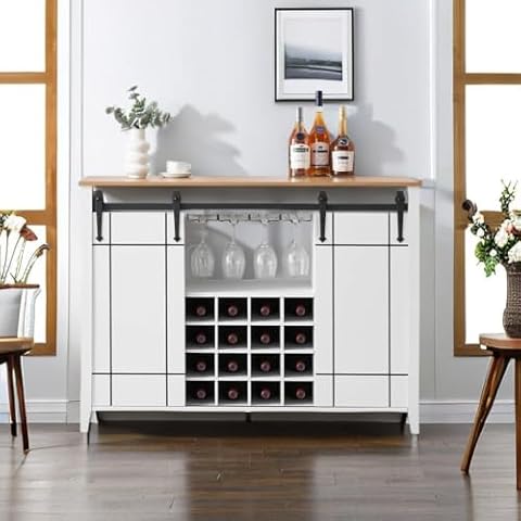 Senfot Farmhouse Wine Bar Cabinet, 47" Coffee Bar with Sliding Barn Door, Buffet Sideboard Design with 16-Bottle Wine Rack and Glass Storage, Perfect for Dining and Living Spaces, Antique White Cover
