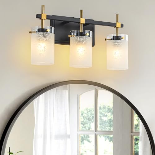 Image of 3-Light Modern Bathroom Vanity Light,Black and Gold Light Fixtures for Bathroom,Modern Wall Light Over Mirror with White Linen Frosted Glass E26 Socket (Bulbs Not Included)