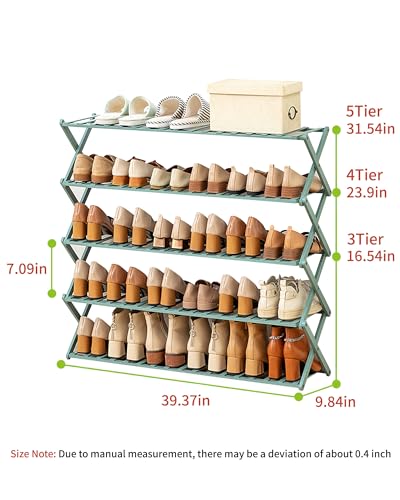 Image of Folding Bamboo Shoe Rack - No Installation Required, Ventilated Design, Durable and Versatile Shoe Organizer for Home, Kitchen, Closet(5 Tier Green)