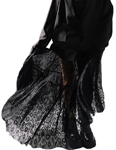 Women's Floral Lace Skirt See-Through Floral Maxi Mesh Tulle Skirt Sheer Flowy Lace Skirts